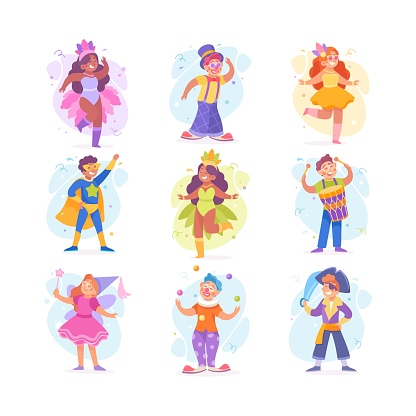 People Characters Dressed in Carnival and Party Outfit Vector Set. Happy Smiling Male and Female Wearing Festive Costume