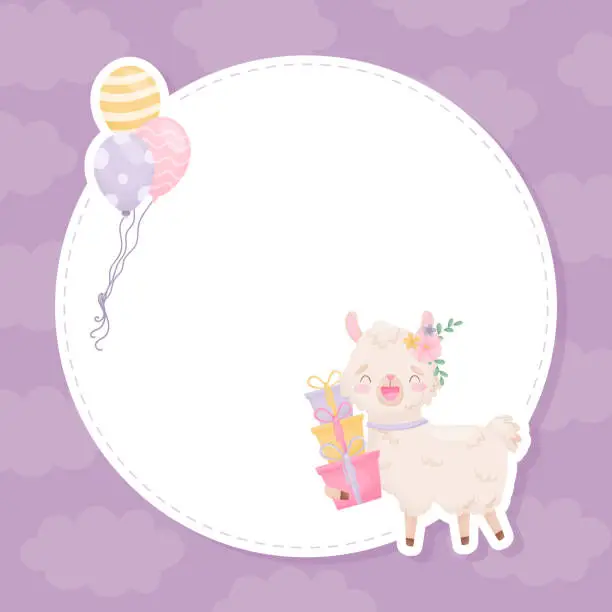 Vector illustration of Empty Card with Cute Fluffy Llama or Alpaca Character Vector Template
