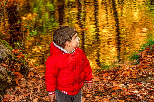 A boy in a red coat at the lake in the forest in Yedigöller
