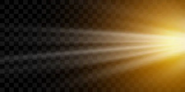 Vector illustration of Bright rays of light and sun, spotlights, lighting on a transparent background