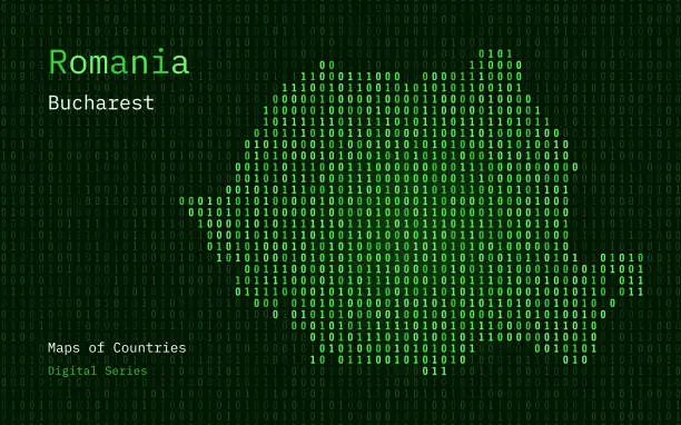 Vector illustration of Romania Map Shown in Binary Code Pattern. Matrix numbers, zero, one.