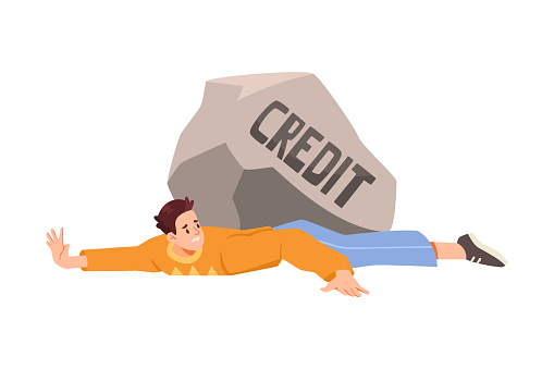 Pressure of Loan with Man Character Lying Under Heavy Stone Vector Illustration. Young Male Struggle with Heavy Burden of Credit