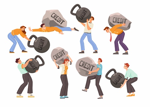 People with Heavy Stone and Kettlebell as Severity of Loan and Mortgage Vector Set. Young Man and Woman Carrying Heavy Burden of Credit