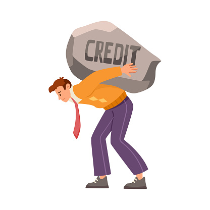 Pressure of Loan with Man Character Carry Heavy Stone on His Back Vector Illustration. Young Male Struggle with Heavy Burden of Credit