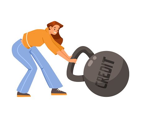 Pressure of Loan with Woman Character Pulling Heavy Kettlebell Vector Illustration. Young Female Struggle with Heavy Burden of Credit