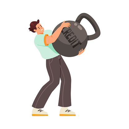 Pressure of Loan with Man Character Lift Heavy Kettlebell Vector Illustration. Young Male Struggle with Heavy Burden of Credit