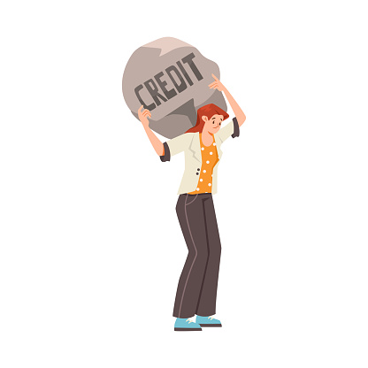 Pressure of Loan with Woman Character Carry Heavy Stone on Her Back Vector Illustration. Young Female Struggle with Heavy Burden of Credit