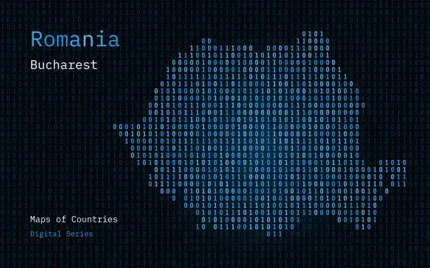 Vector illustration of Romania Map Shown in Binary Code Pattern. Matrix numbers, zero, one.