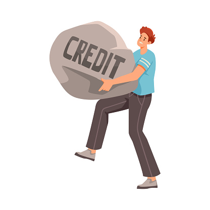Pressure of Loan with Man Character Carry Heavy Stone Vector Illustration. Young Male Struggle with Heavy Burden of Credit