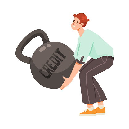 Pressure of Loan with Man Character Lift Heavy Kettlebell Vector Illustration. Young Male Struggle with Heavy Burden of Credit