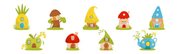 Vector illustration of Fantasy Tiny House on Green Lawn in the Garden Vector Set