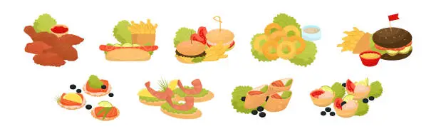 Vector illustration of Tasty Snacks and Starters as Food Catering Vector Set