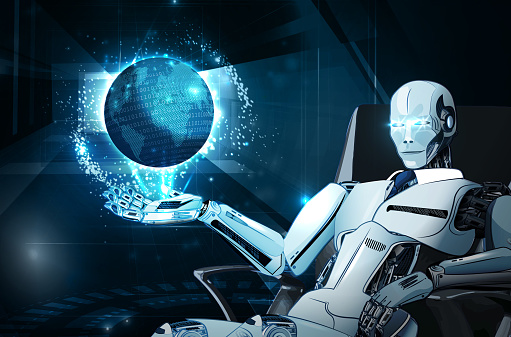 Humanoid robot showing the digital blue globe. (Used clipping mask)