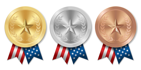 Golden silver and bronze award sport medal with USA ribbons and star. Honor badges