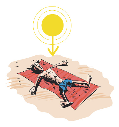 Vector man sunbathing on the beach gets sunstroke