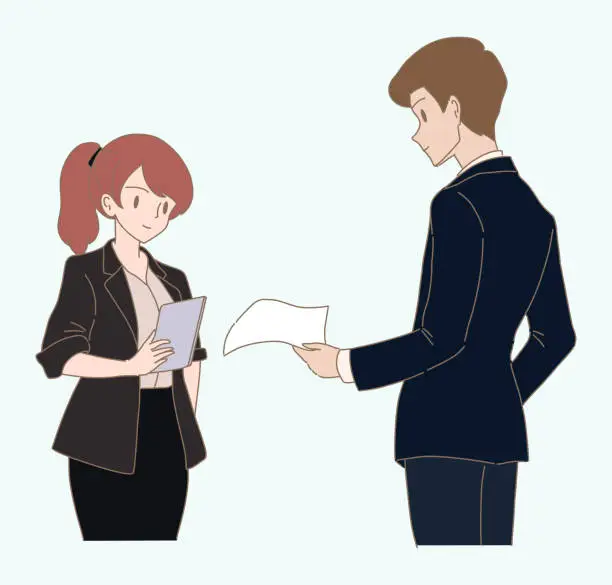 Vector illustration of Businesswoman holding digital tablet while talking with businessman holding piece of paper. Changing of devices from paper to smart gadget. Hand drawn flat cartoon character vector illustration.