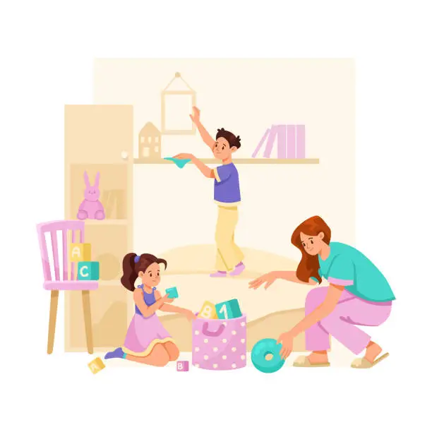 Vector illustration of House Cleaning with Young Woman Mother and Kids Gather Toys and Dusting Vector Illustration