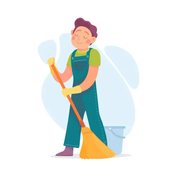 Vector illustration of Man Character Doing Housework Sweeping the Floor with Broom in Gloves Vector Illustration