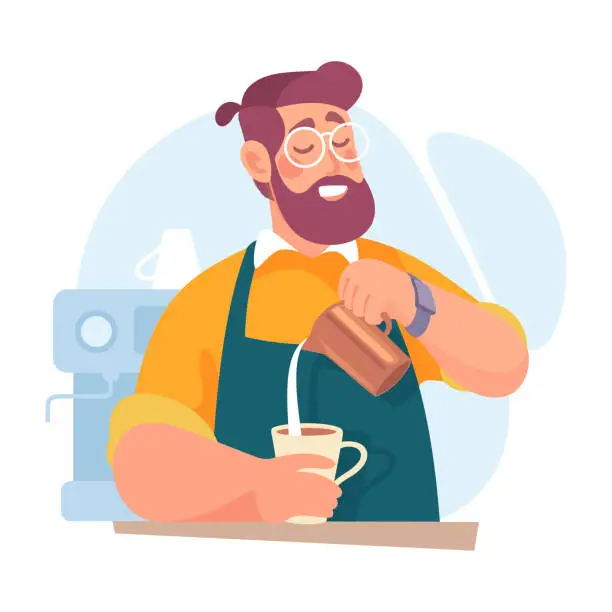 Vector illustration of Bearded Man Character Doing Housework Making Fresh Coffee Vector Illustration