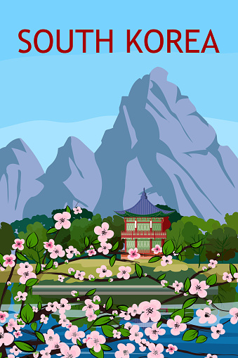 Travel poster South Korea vintage. Spring mountain landscape, temple, blossom Sakura cherry postcard, background, vector illustration