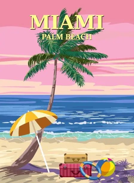 Vector illustration of Miami Beach, Retro Poster. Vintage baggage, suitcase, umbrella, ball, sunset, palm on the beach, coast, surf, ocean. Vector illustration vintage