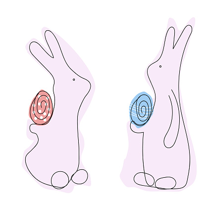 Sketch of two Easter bunnies. Easter eggs. Black outlines on a white background. Coloring book for children.Two little bunnies
