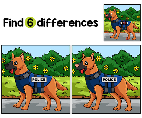 Find or spot the differences on this Police Dog Kids activity page. A funny and educational puzzle-matching game for children.