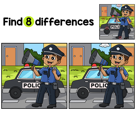 Find or spot the differences on this Police Man with a Megaphone kids activity page. A funny and educational puzzle-matching game for children.