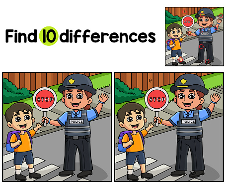 Find or spot the differences on this Police Traffic Officer Helping Kids activity page. A funny and educational puzzle-matching game for children.