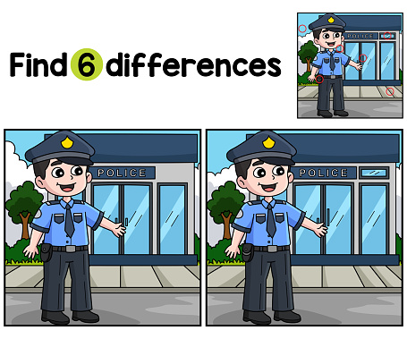 Find or spot the differences on this Happy Policeman Kids activity page. A funny and educational puzzle-matching game for children.