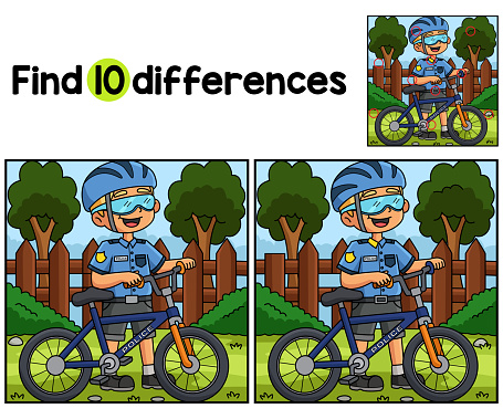 Find or spot the differences on this Police Officer with a Bike Kids activity page. A funny and educational puzzle-matching game for children.