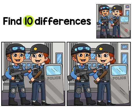 Find or spot the differences on this Police Officer in Full Gear kids activity page. A funny and educational puzzle-matching game for children.
