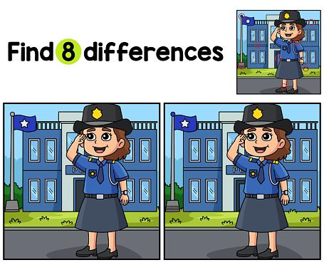 Find or spot the differences on this Policewoman Salute kids activity page. A funny and educational puzzle-matching game for children.