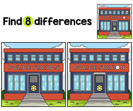 Find or spot the differences on this Police Station Kids activity page. A funny and educational puzzle-matching game for children.