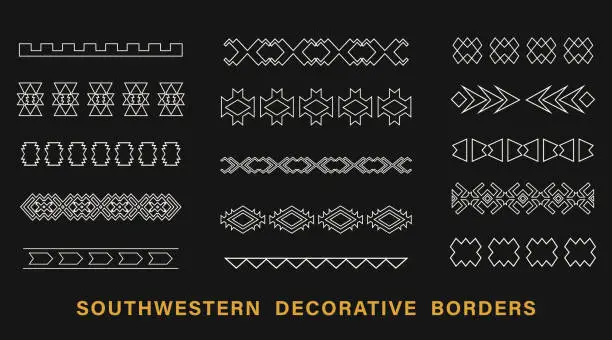 Vector illustration of Outline Tribal Southwestern Aztec Borders Navajo Decorative Stokes Element Collection Native American Ethnic Illustration Set