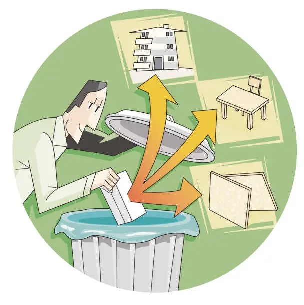 Vector illustration of man throwing waste into recycling bin