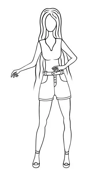 Vector illustration of The girl froze in a beautiful pose. A woman wears a low-cut, sleeveless blouse and short shorts.