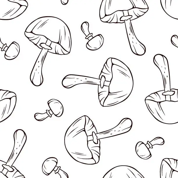 Vector illustration of Autumn Skullcap inedible mushroom seamless pattern in line art style. Design for wrapping paper, fabric, design. Vector illustration on a white background.