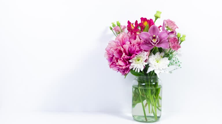 Beautiful bouquet of natural fresh flowers appears in a glass jar. White background.