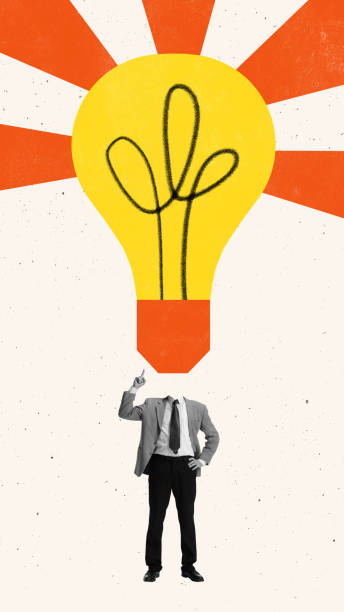istock Modern aesthetic artwork. Skilled businessman with bright light bulb instead of head raised hand. Creativity and inspiration. 2040156994