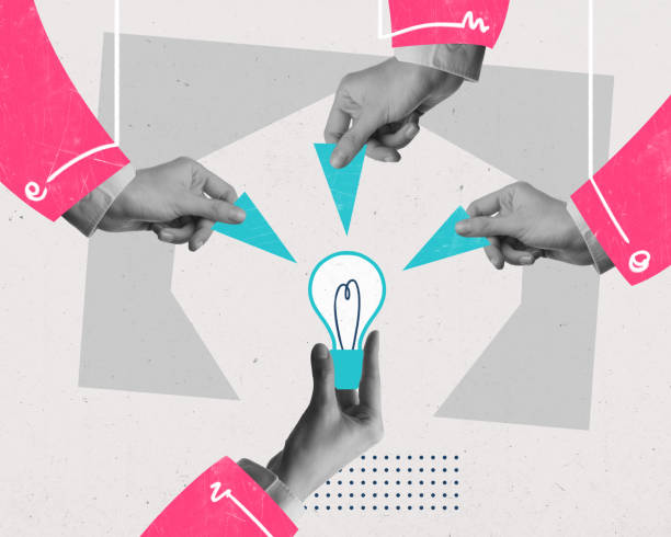 istock Modern aesthetic artwork. Hands in monochrome holds pieces and reaching it to light bulb, symbolizing successful teamwork. 2040157003