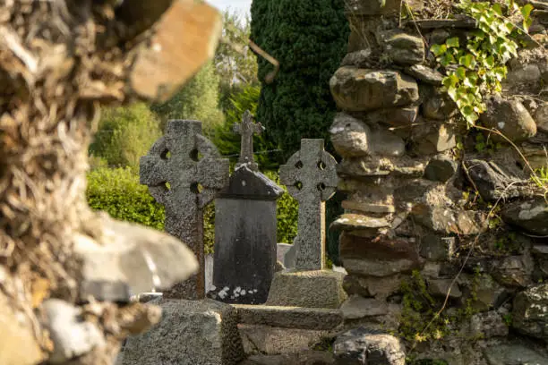 Photo of Irish church ruins - cemetery tombstones