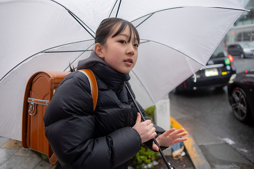 Japanese elementary school student girl carrying a ‘randoseru’ school bag in a rainy day