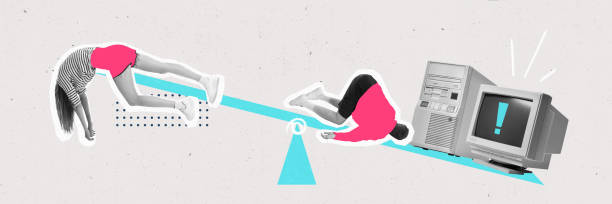 istock Banner. Modern aesthetic artwork. Very tired, burnout people lying on scales where exceed work processes in form of computer. 2040175042