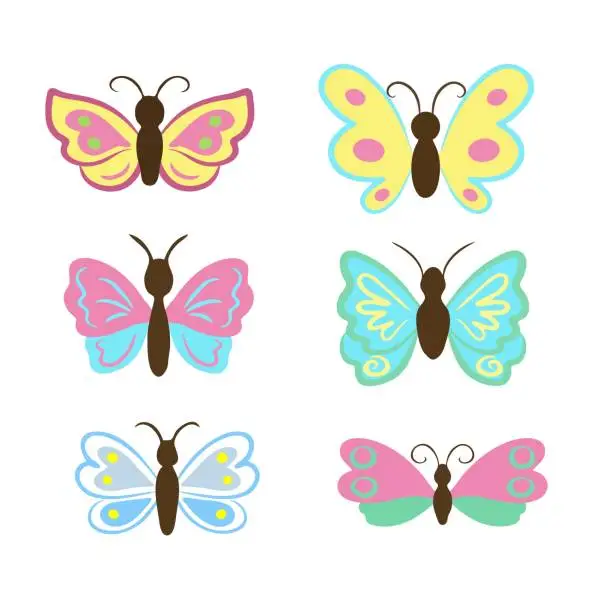Vector illustration of Cute butterfly cartoon clipart set. Vector collection of colorful butterflies