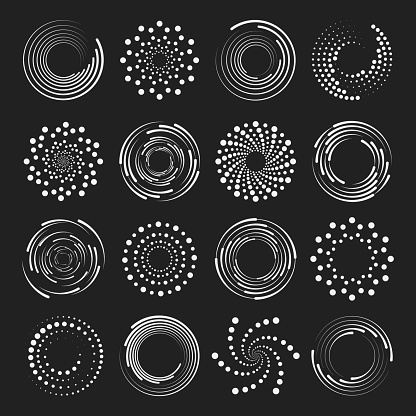 Dot circle pattern. Orange round halftone dot patterns. Spiral halftones frame. Set of swirl abstract ripple elements. Circular graphic textures isolated on black background. Vector.