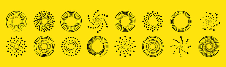 Dot circle pattern. Orange round halftone dot patterns. Spiral halftones frame. Set of swirl abstract ripple elements. Circular graphic textures isolated on black background. Vector.