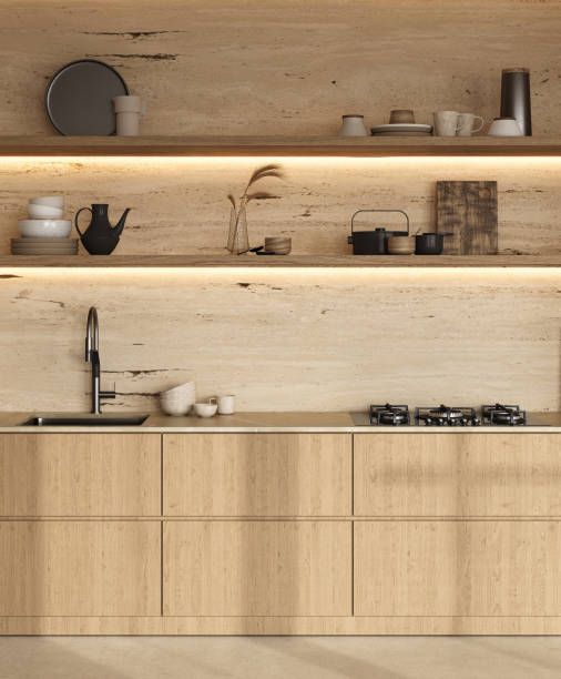 istock Contemporary kitchen with elegant wooden design and chic open shelving 2040191130