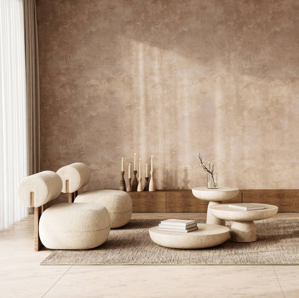 istock Elegant scandinavian room with textured cream sofas and refined natural accents. 3d render 2040191150