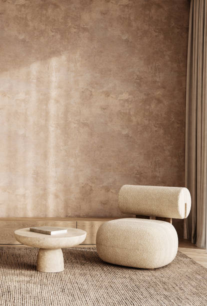 istock Cozy boho scandinavian reading nook with unique chair and round stone table. 3d render 2040191665